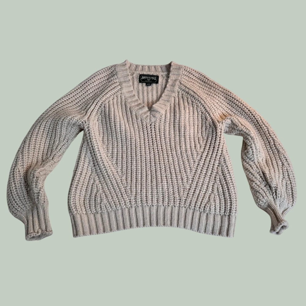 Vintage American Eagle Y2K Cream Chunky‎ Knit V Neck Balloon Sleeve Sweater S